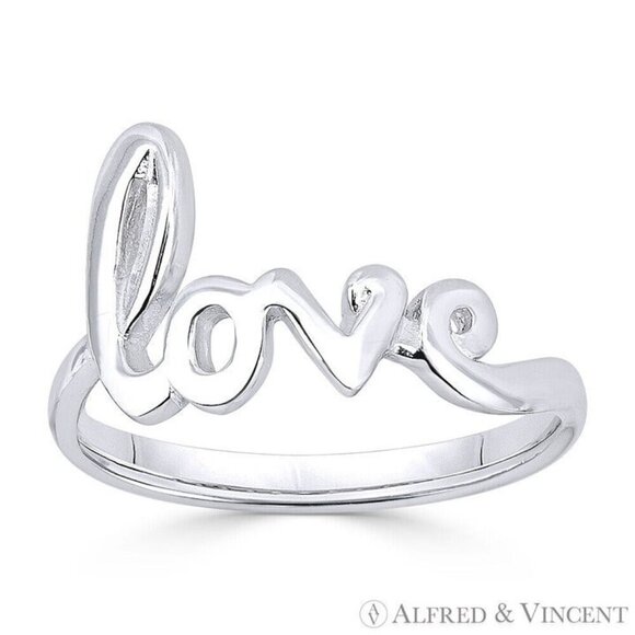 "Love" Word Cursive Script Right-Hand Ring in .925 Sterling Silver - Size 9 - Picture 1 of 1